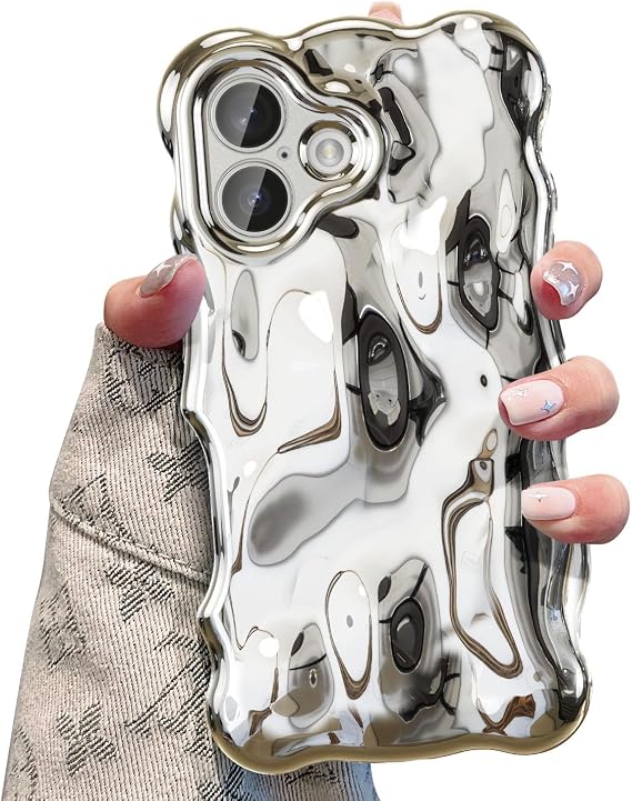 UEEBAI Case for iPhone 16, Cute Solid Color Curly Wave Shape Shockproof Soft TPU Bumper Phone Case, Candy Water Ripple 3D Silicone Slim Pretty Case Non-yellowing Cover-Silver
