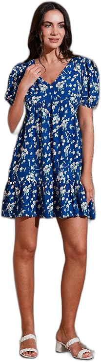 Lela Regular Fit V Yaka Balon Kol Desenli Mini Elbise Bayan ELBİSE 67810045