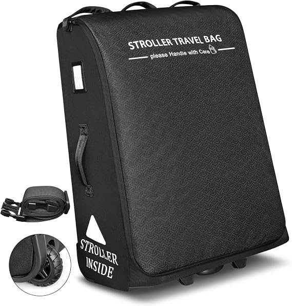 RAYMACE Padded Stroller Travel Bag for Airplane,Stroller Gate Check Bag with Wheels Fits UPPAbaby Vista V2,Cruz V2(Remove Rear Wheels), Travel Safe Protection Storage Bag, Patterned Design,Black