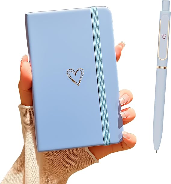 A6 Lined Journal Notebook with Pen for Girls Women,192 Pages Hardcover Leather Notebook for Writing,Cute A6 Diary with Heart-Shaped Notepad for Work School,Note Taking,Business (Blue)