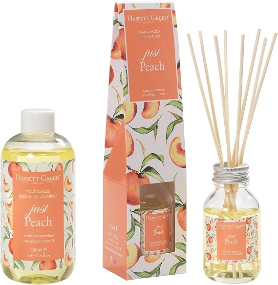 Hassett Green London - Just Peach - Reed Diffuser and Refill Combination Set - 100ml Glass Bottle with 8 Rattan Reed Sticks plus Larger Size 250ml Refill Bottle