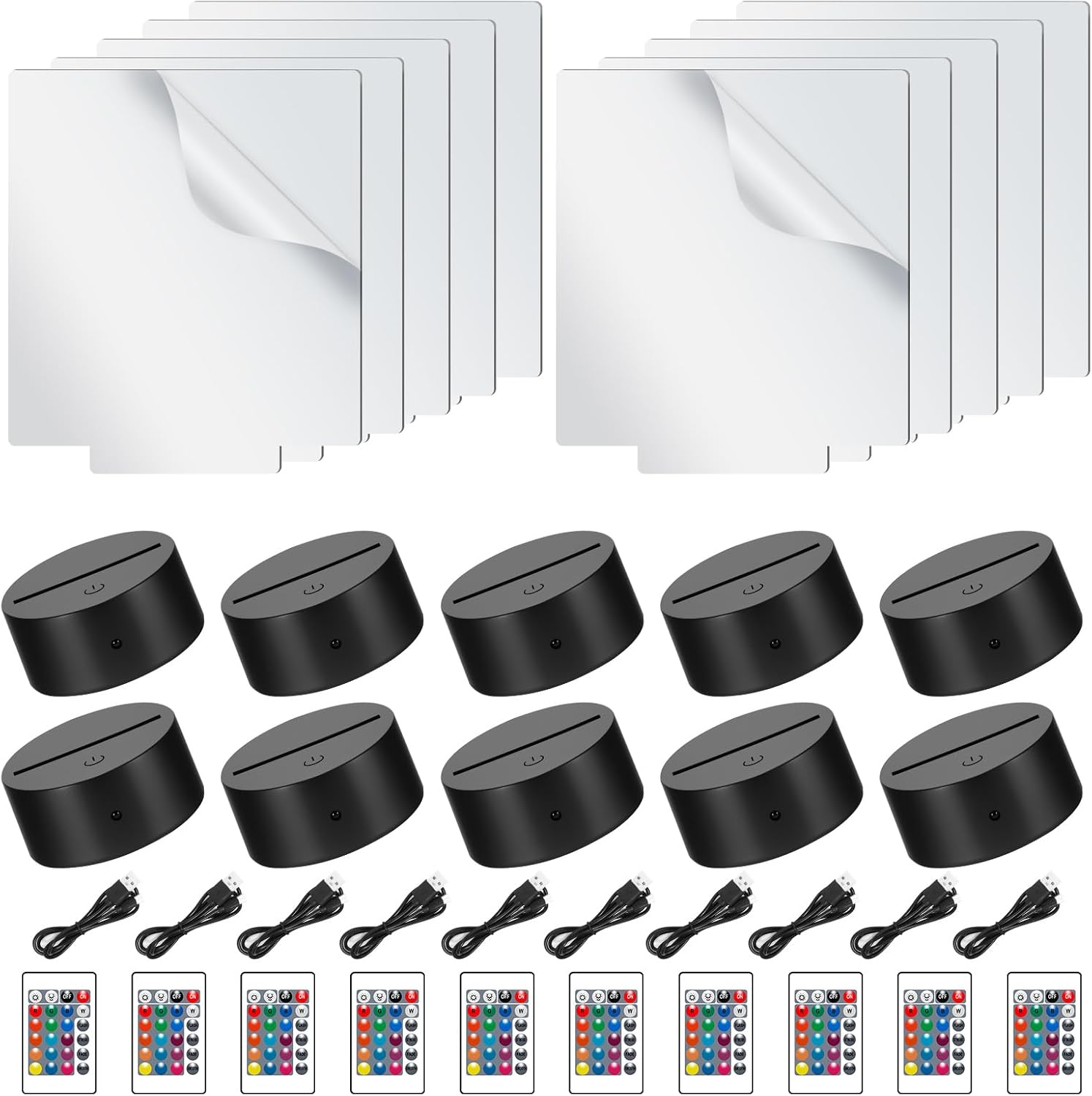10 Sets 3D Night Light, Touch Switch DIY Acrylic Lamp Base Set with 7 Color Changing and 2 Light Modes, 3D Illusion Night Light with Remote Control for Bedroom Child Room Restaurant [Energy Class G]
