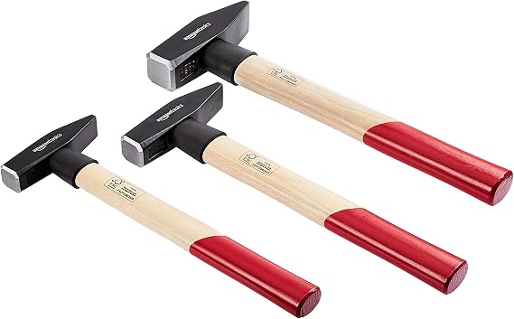 Amazon Basics Engineer's Hickory Wooden Handle Hammer Set, 3 Pieces, 300g, 500g, 1000g, Black, Silver, Brown