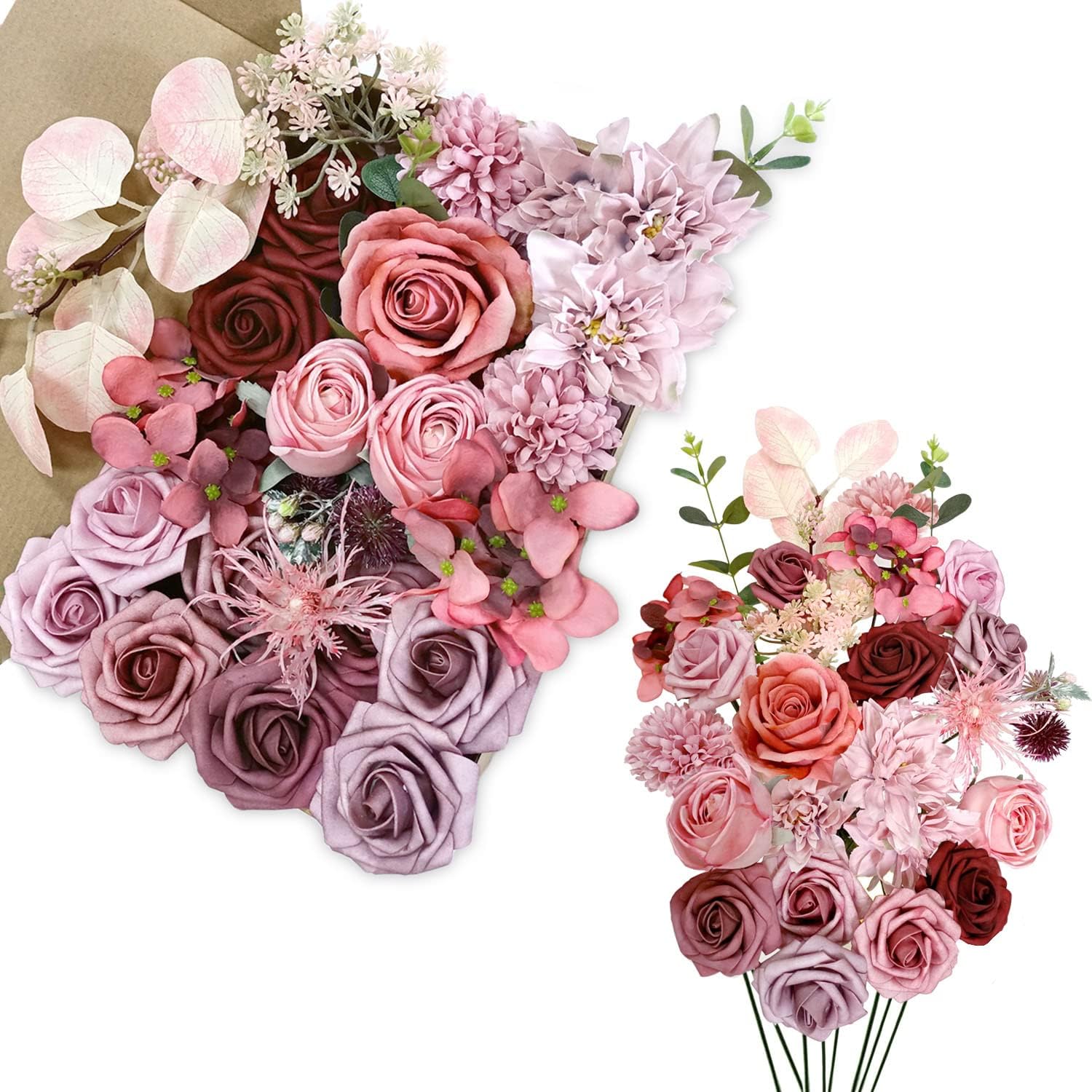 Artificial Flowers, Foam Fake Combo Box Set, Flowers with Stems, for DIY Floral Arrangements Bouquets Wedding Party Home Baby Shower Decor Dusty Rose Mauve