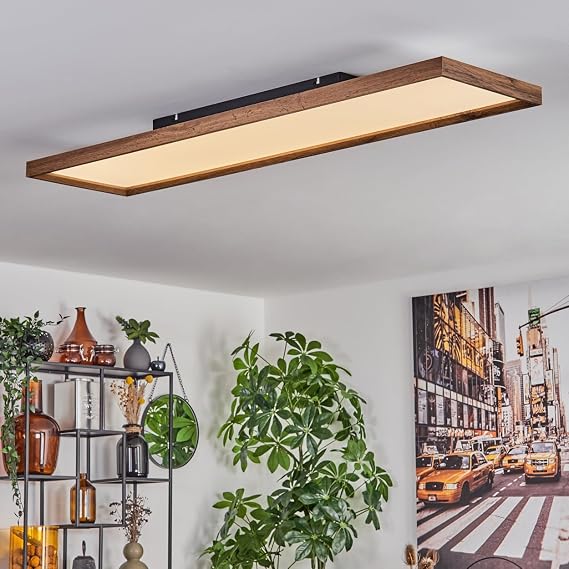 LED ceiling light Longvic, dimmable made of metal/MDF/plastic in black/wood look/white, 36 watts, 350-4300 lumens, 2700-6500 Kelvin, 120 cm, dimmable/light colour can be changed via remote control [Energy Class E]