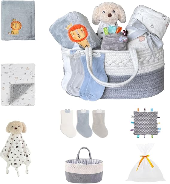 CREVENT Set for Newborns - Nappy Basket with 2 Blankets 1 Taggie 1 Lovey 3 Socks 1 Gift Bag with Bow - Welcome Essential Gift Set (Neutral)