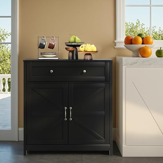 Semiocthome ファームハウス ビュッフェキャビネット 収納付き サイドボード 調節可能な棚付き アクセントテーブル 納屋の扉付き キッチン ダイニング 浴室 玄関用収納キャビネット - ブラック