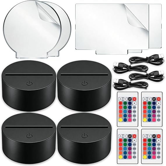LED Night Light Base 4 Pack - 2 Square + 2 Round Acrylic Sheets [Energy Class B]