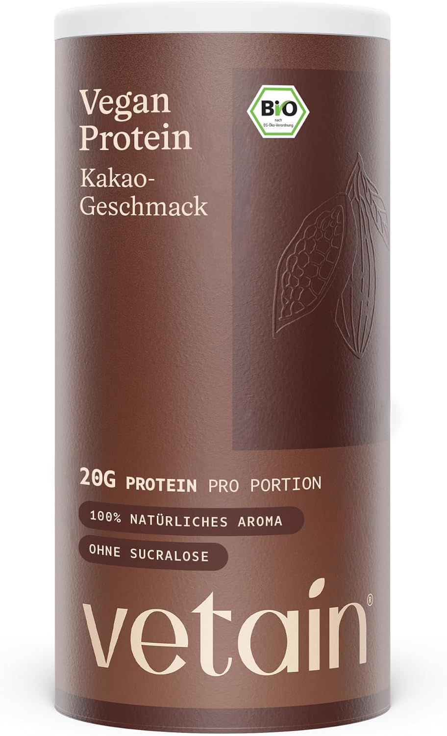 VETAIN Vegan Protein Powder Chocolate - 20 g Protein - 600 g - Without Sweeteners - Organic Protein Powder - 5 Protein Sources Fermented Peas & Rice - Full EAA & BCAA - Laboratory Tested
