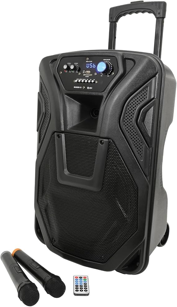 QTX Busker 12 Portable PA System with Wireless Microphones & Remote Control Bluetooth Trolley Speaker for Karaoke, Street Performers, Outdoor Parties, Events & Mobile DJ
