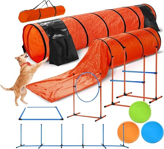 Dog Agility Training Equipment, Dog Agility Course Backyard Set, Dog Obstacle Course Backyard Starter Kit with Play Tunnel, Adjustable High Hurdle, Pet Outdoor Game for Indoor Outdoor Use