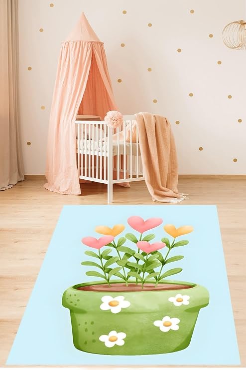 Pelangi Saksıda Renkli Çiçekler Yıkanabilir Kaymaz Taban Leke Tutmaz Çocuk Odası Halısı, Yeşil-Mavi 160 x 240, 9076420235160240