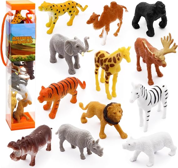 12 pcs Jungle Zoo Animal Figures -Educational Learning Playset,Realistic Toy Set Include Lion, Tiger, Giraffe,Wild Plastic Animals Figures,Gifts for Kids 3+ Years Boys Girl