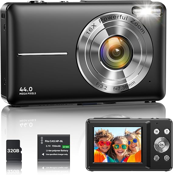 Digital Camera 1080P 44MP Vlogging Camera for Kids Teens, FHD Compact Portable with 2.4" 16X Zoom Screen, Mini Anti-Vibration Camera for Beginner Students-Black