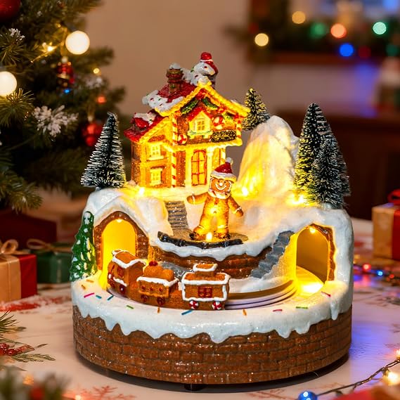 ZQQLITE Animated Collection Figurines Musical Christmas Gingerbread Candy Village Houses with Rotating Train, Lighted Christmas Collection Figurines for Home Tabletop Decorations Ornaments Gifts