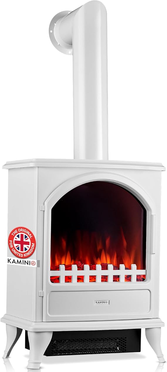 KAMINIO Electric Fireplace LENI with Pipe - Electrical Stove with Heater, 3D Flame Effect (White)