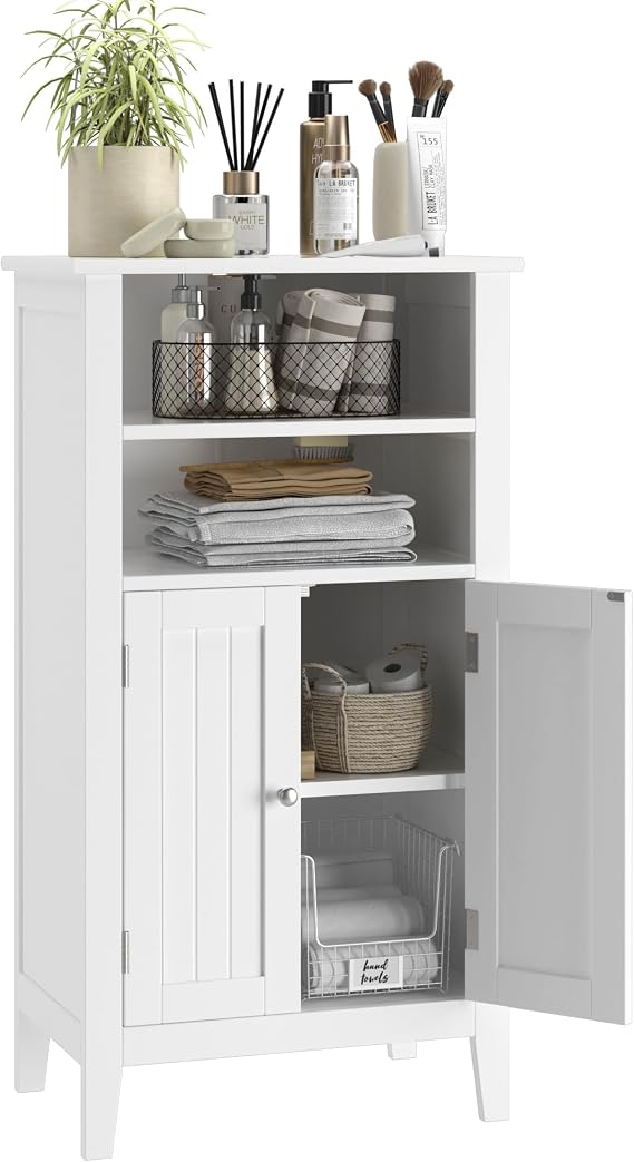 BOTLOG Wooden Floor Cabinet, Bathroom Storage Cabinet with 2 Doors and Adjustbale Shelf, Freestanding Entryway Storage Unit Console Table for Kitchen Bathroom, White