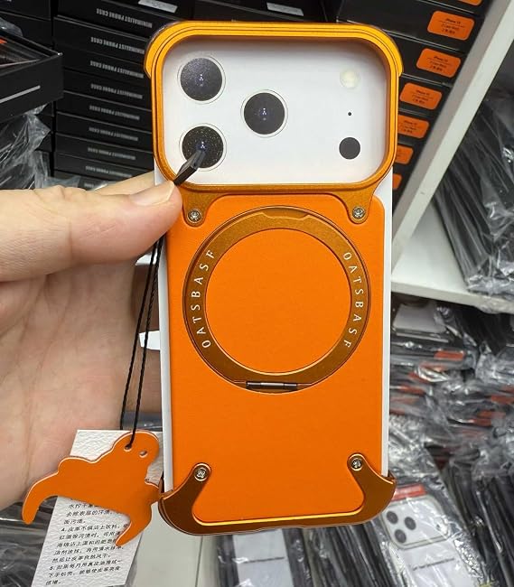 ジェネリックケース iPhone 17 Pro Max 6.9インチ カラー:オレンジ 磁気メタル本革スタンドバックバンパーフレームケース