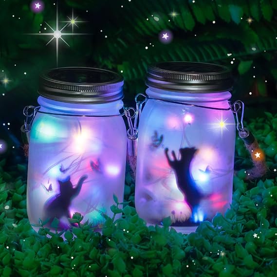 MLOQI 2 Pack Solar Lanterns Outdoor Cat Silhouette,Solar Garden Lanterns Fairy Garden Ornaments Outdoor Mason Jar Lights [Energy Class A]