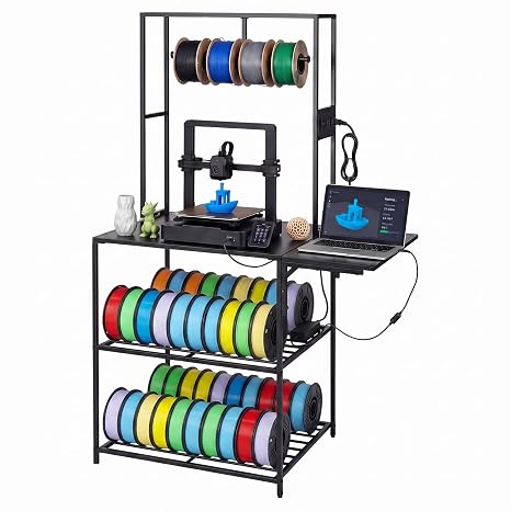 LEIFIDE 1 3D Printer Stand with Filament Storage, Heavy Duty Metal Workstation Table with Locking Wheels for Home Studio Classroom, T Bar Spool Holder Side Shelf for Makerspace