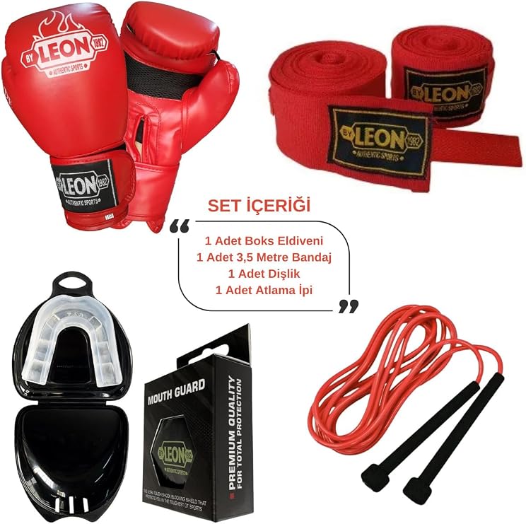 Training Set Blade Boks Eldiveni, Bandaj, Dişlik ve Anahtarlık Seti, 8 oz, Kırmızı