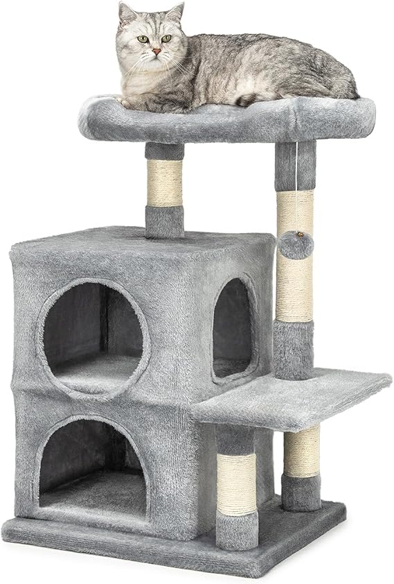 Lionto Tree Scratching Post with 2 Caves, Bed and Sisal, 80 cm, Light Grey