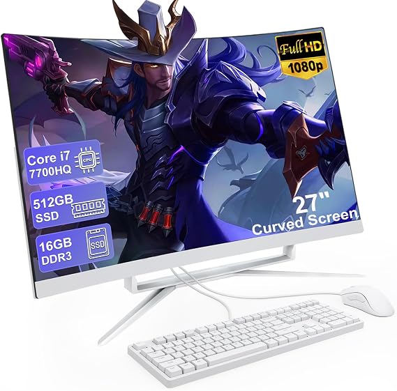 27inch All-in-One Computer 4 Cores 8Threads All-in-One PC 16GB RAM 512GB SSD Core i7 7700HQ(up to 3.8GHz) WiFi 6 Bluetooth5 with Mouse and Wired Keyboard USB3.0 * 4