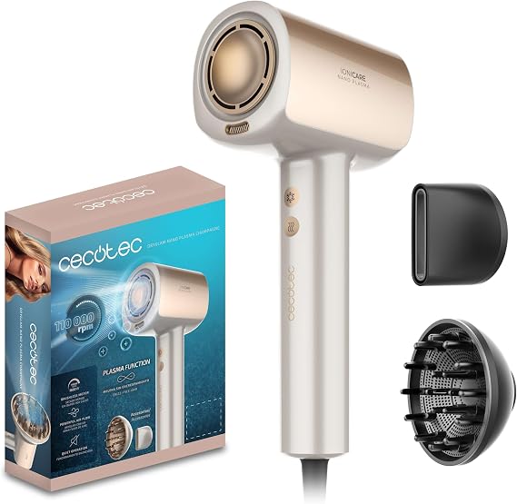 Cecotec Latest Generation DryGlam Nano Plasma Champagne Brushless Hair Dryer - 110,000 RPM and 1600W Power, Plasma Function, High Airflow, Durable, 3 Temperatures and 3 Speeds