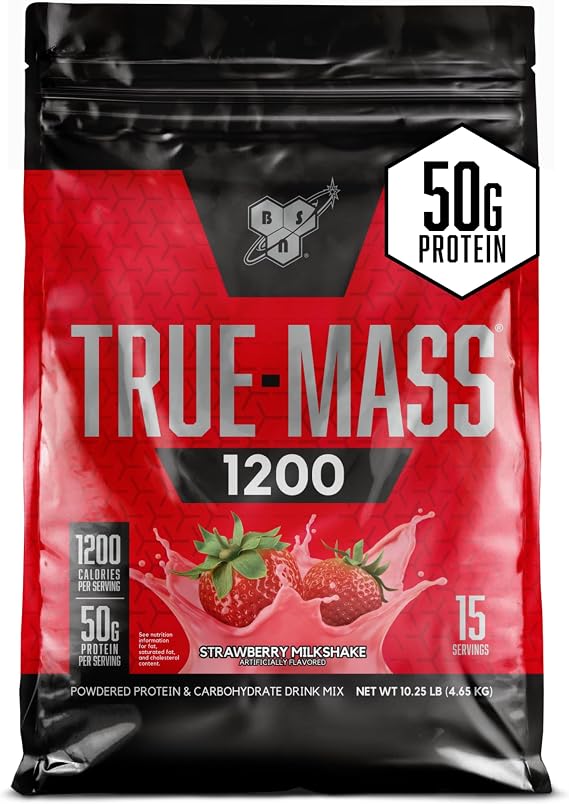 True Mass 1200 1,200 Strawberry, 10.9 lbs 4.7 kg | Muscle mass gainer with whey and casein proteins for post-workout recovery, endurance and wasteful muscle growth