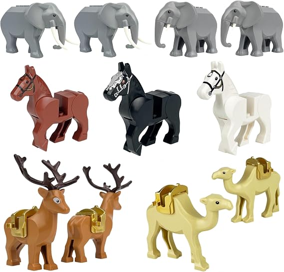 11 Piece Animal Mini Figures Building Blocks Set Jungle Zoo Animal Building Block Kit with 4 Elephants 2 Elk 2 Camel 3 Horse DIY Animal Figures Building Blocks Model Compatible with L