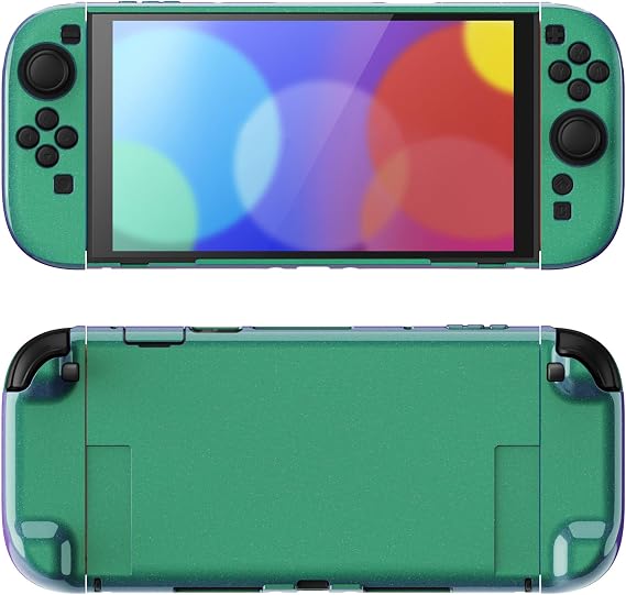PlayVital Nintendo Switch 2（2025）対応ハードカバー 保護ケース 付けたままドックに対応 折りたたみ式スタンド＆親指グリップ付き–光沢あるカメレオングリーンパープル