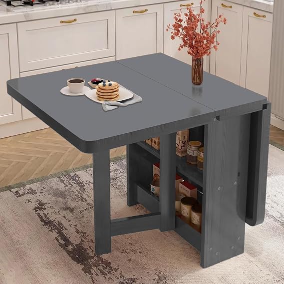 Solid Wooden Foldable Kitchen Table, Drop Leaf Dining Table with 2-Layer Storage Shelf, Folding Dining Table with Foldable in 3 Forms, Versatile Collapsible Extension Din