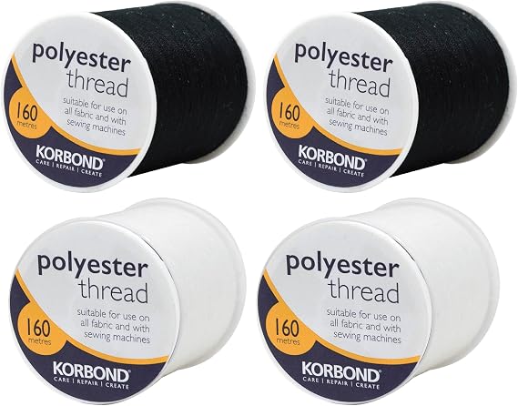 KORBOND Polyester Sewing Thread Set - 640m Total - 160m Spools - x 2 Black and x 2 White, for Hand and Machine Sewing