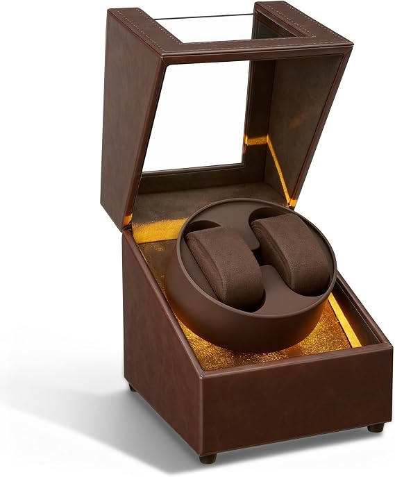 Mcbazel LED Double Automatic Watch Winder with Yellow Light, Quiet Motor Display Storage Rotation Wrist PU Leather Watch Box with 2 Slots-Brown