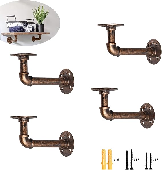 4PCS Industrial Pipe Shelf Bracket Copper Heavy Duty Wall Antique