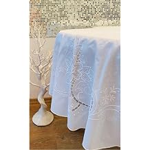İşleme dantel görünümlü dökümlü kaymaz yuvarlak pvc muşamba masa örtüsü 155x155 cm Beyaz 155 x 155