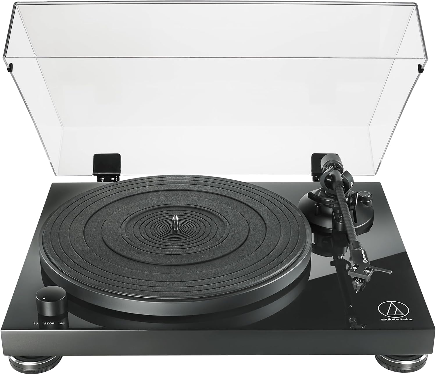 Audio Technica AT-LPW50PB Fully Manual Belt Drive Turntable 3345 RPM Speeds with Phono Preampand Carbon Fiber Tonearm Inlcudes High Performance AT-VM95E Dual Moving Magnet Phono Cartridge and Dust