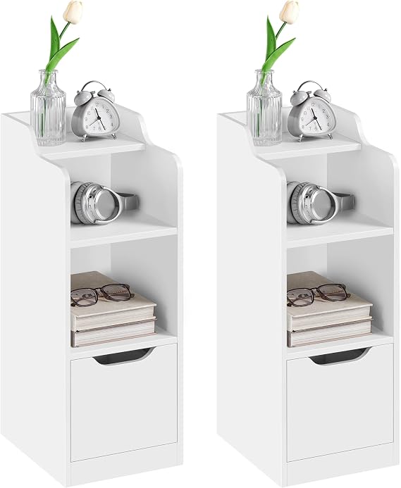 Yaheetech Slim Bedside Tables Set of 2, Narrow Side Table with Drawer & Open Shelf, Bedside Cabinet with Compartment for Bedroom/Living Room Compact Nooks, White