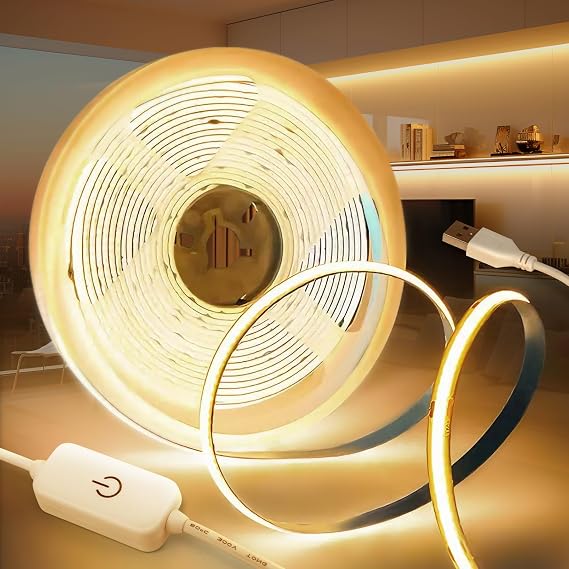 KSIBNW 5V USB COB LED Strip Lights, 3M/9.84ft Dimmable Led Light Strip Warm White 3000K LED Tape Lights Flexible CRI90+ TV Backlight with 1M USB Powered for Bedroom Cabinet Kitchen Home Decoration [Energy Class F]