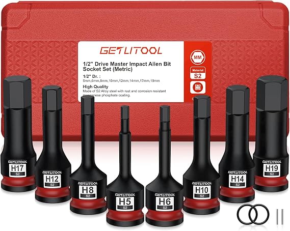GETLITOOL 8PCS 1/2" Drive Impact Hex Bit Socket with Storage Case 5mm-19mm