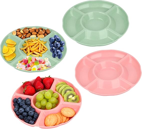 4 Pack Snack Trays, 5 Compartments Serving Platters, Microwave Safe
