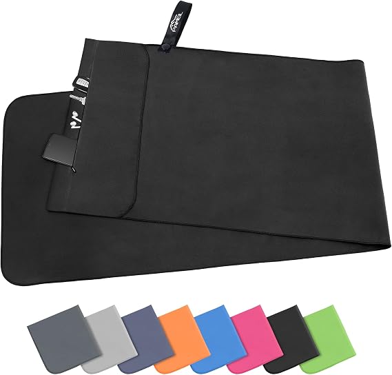 Pameil Microfibre Towel | 120 x 50 cm Sports Towel, Lightweight, Absorbent and Quick Drying | Gym Towel with Zip Pocket for Beach, Camping, Yoga and Sauna (Black)
