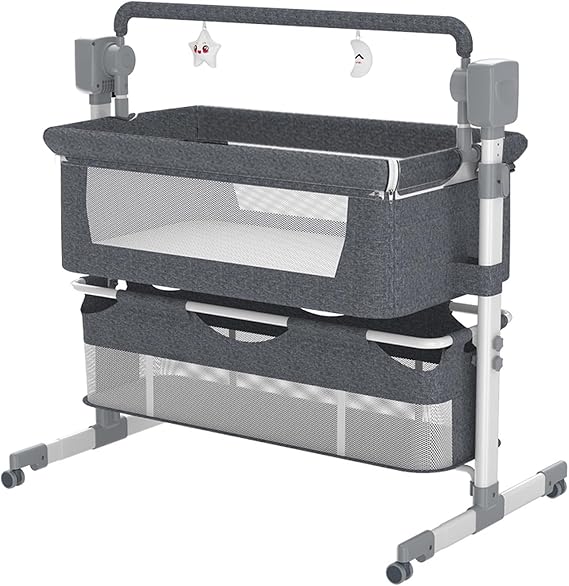 Electric Bluetooth Smart Next to Me Crib, Height Adjustable Bedside Crib Baby Bassinet, Multi-functional Baby Bedside Cribs (601 Grey)