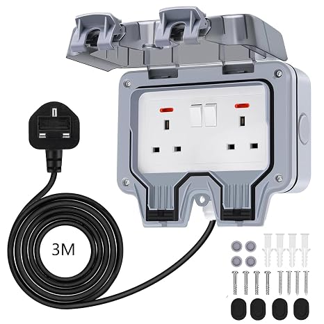 Weatherproof Outdoor Socket 3M Extension Lead, Double Gang Power Sockets, Waterproof Cable, 13AMP Wall Electrical Outlet Box for Garden Garage Yard