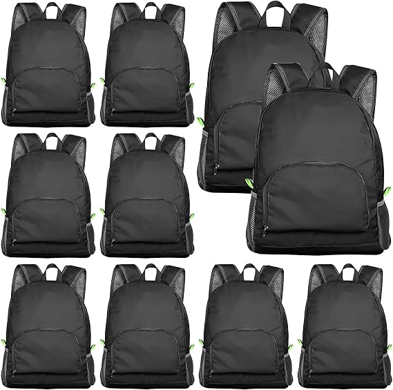 10 Pack Lightweight Foldable Backpack Bulk, 42cm Black Packable Backpack for Travel, Outdoor Casual Daypack for Schools, Charities, Travel Camping Hiking