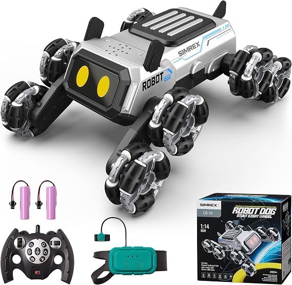SIMREX Remote Control Robot Dog Toys for Kids 6+, Stunt RC Cars with LED Eyes & Gesture Control, 6+ Years Old Boys Girls Birthday Gift, Interactive Robot Toy with Mecanum Wheels & 3 Sounds, Sliver