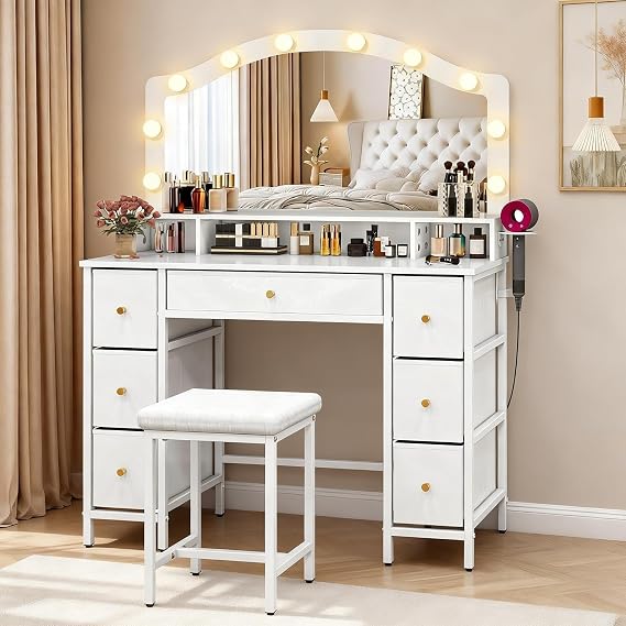 YOURLITE Dressing Table with Mirror and Stool, Vanity Desk with Drawers | 10 LED Bulbs, 7 Fabric Drawers, Hair Dryer Rack, 3 Light Colours, Dimmable Makeup Vanity Desk Set for Bedroom - White