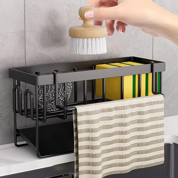 Sink Caddy Sponge Holder - Kitchen Sink Organiser with Self Draining Tray and Dishcloth Hanger, Metal Sink Tidy Caddy for Countertop Kitchen Storage & Organisation（Black）