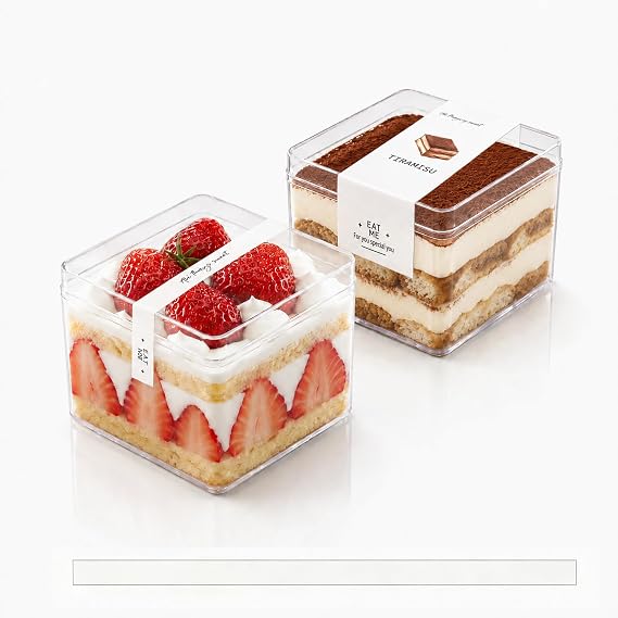50Pcs 360ml Rectangle Clear Plastic Tiramisu container and Stickers Fruit Cups for Dessert,Plastic Cups with Lids,Cupcake,Parfait,Pudding,Iced Cold Drinks,Snacks,Fruits,Bakeries