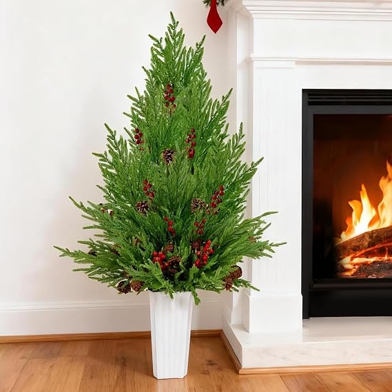 46 Pcs Norfolk Pine Stems Set, 8 39inch Artificial Pine Branches with 6 Red Berries Stems & 32 Pine Cones, Christmas Greenery Stems for Vase DIY Craft Floral Arrangement Xmas Home Decoration